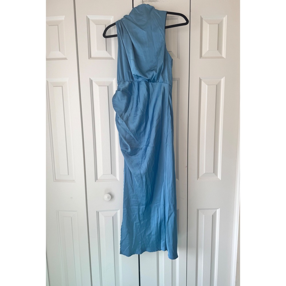 Hello Molly Blue Satin High Neck Draped Midi Dress Sleeveless US 6 NWT